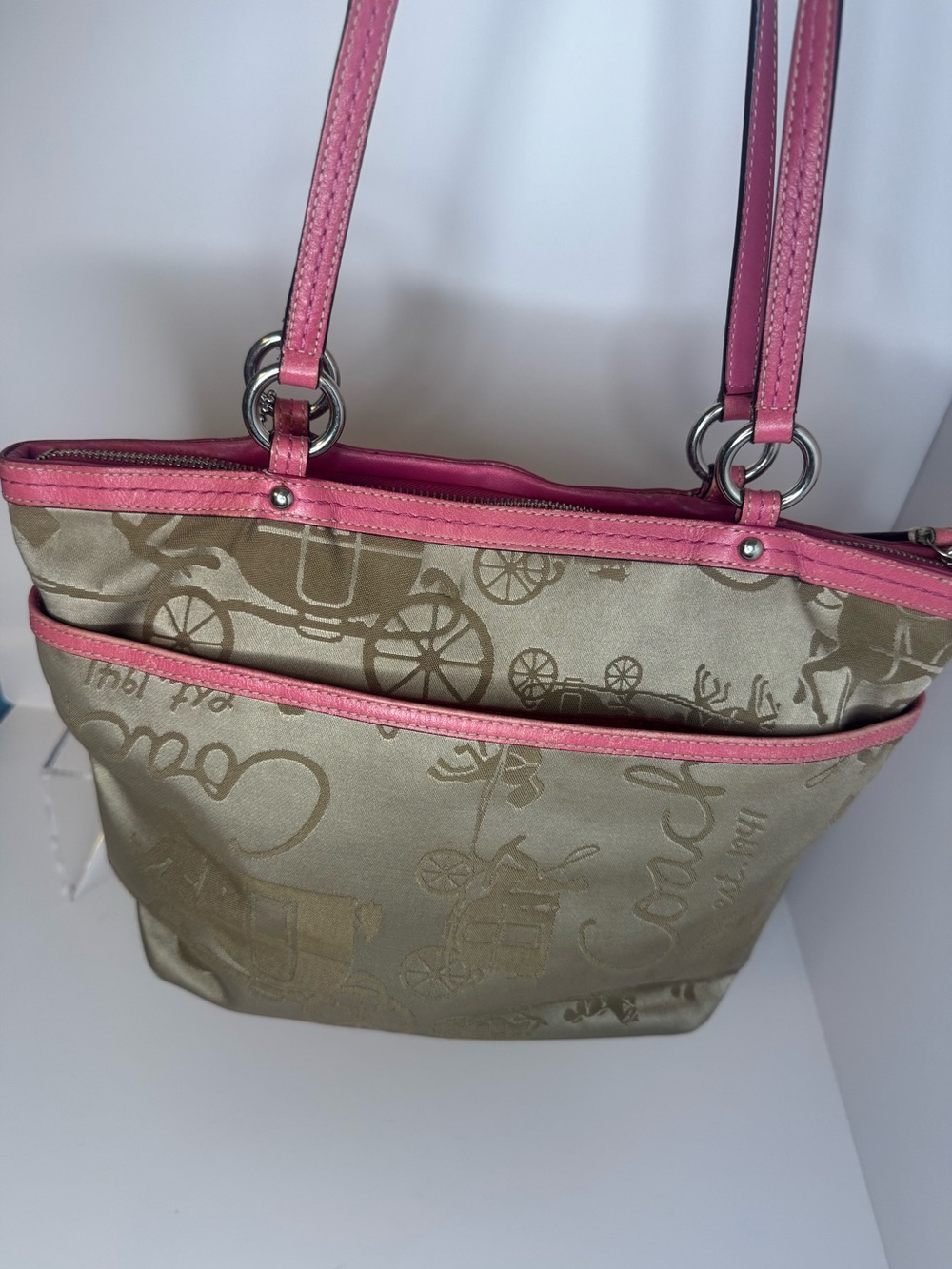 #419 Coach Signature Khaki Satin Horse & Carriage w/ Pink Leather Shoulder Tote - Picture 5 of 17